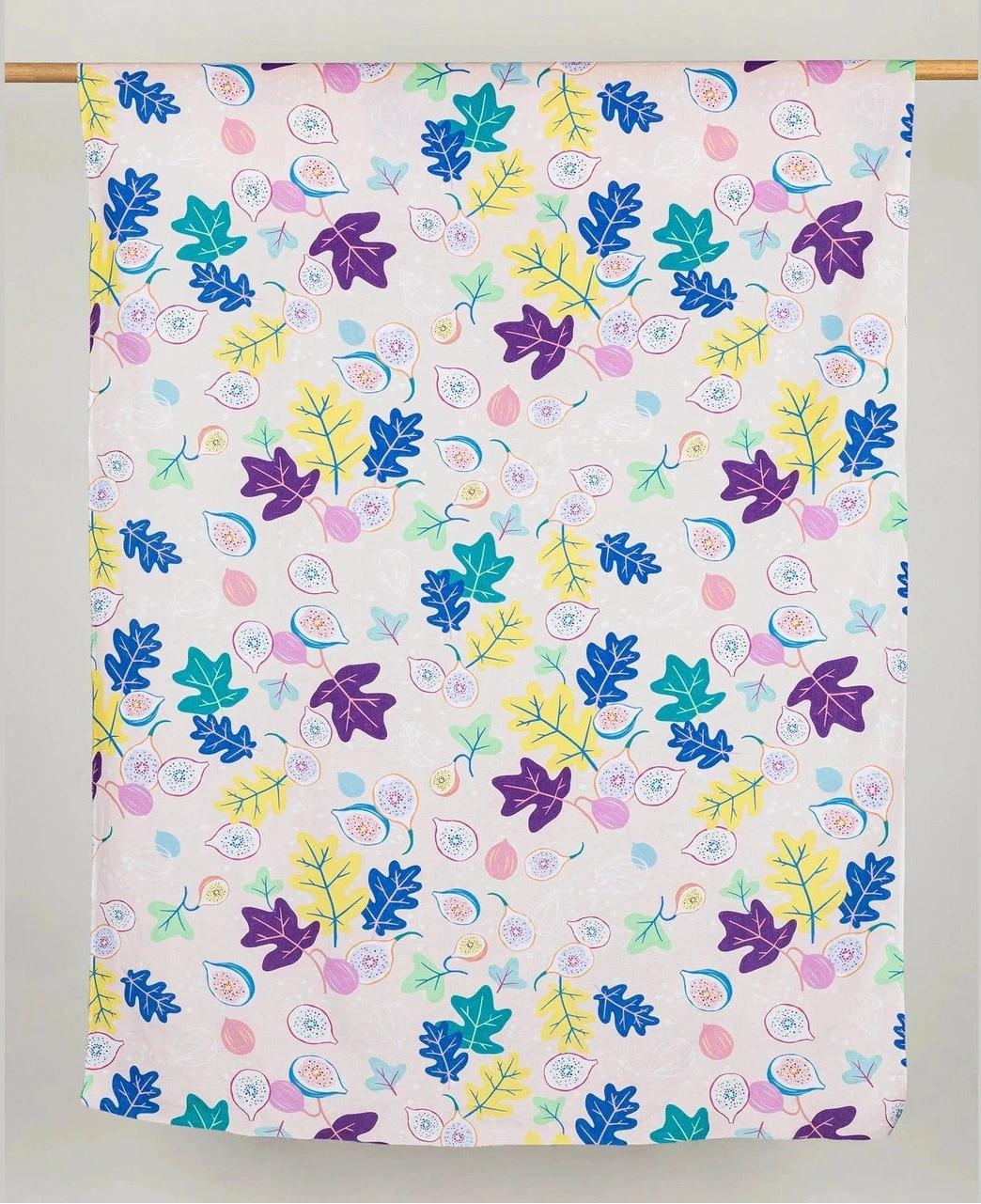 Go Fig—ure Print Organic Cotton Linen – Cream, Periwinkle, Light Green & Eggplant (Per ½ Meter)