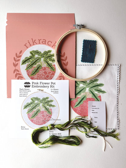 Pink Flower Pot - Embroidery Kit - Beginner