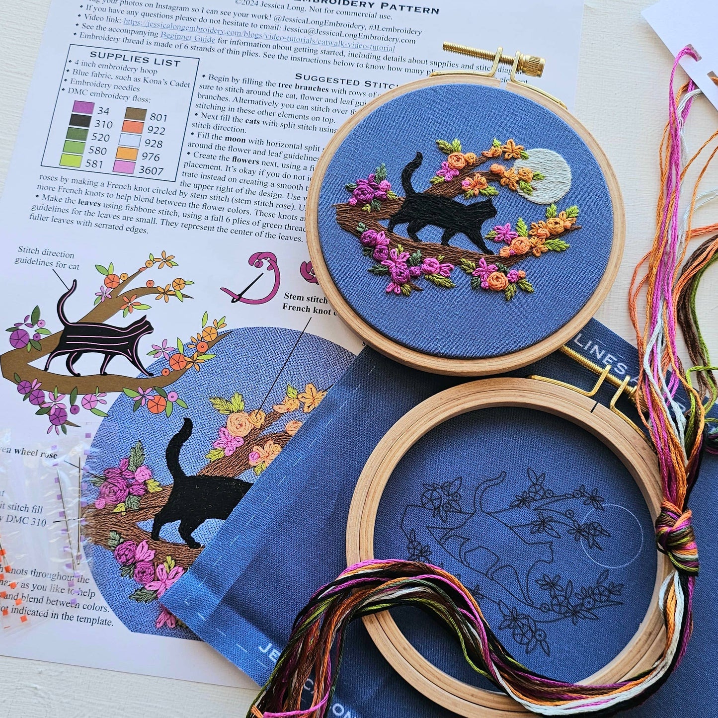 Mini Black Cat & Full Moon - Embroidery Kit