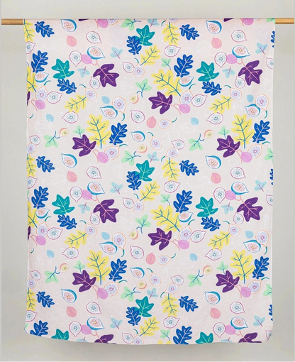 Go Fig—ure Print Organic Cotton Linen – Cream, Periwinkle, Light Green & Eggplant (Per ½ Meter)