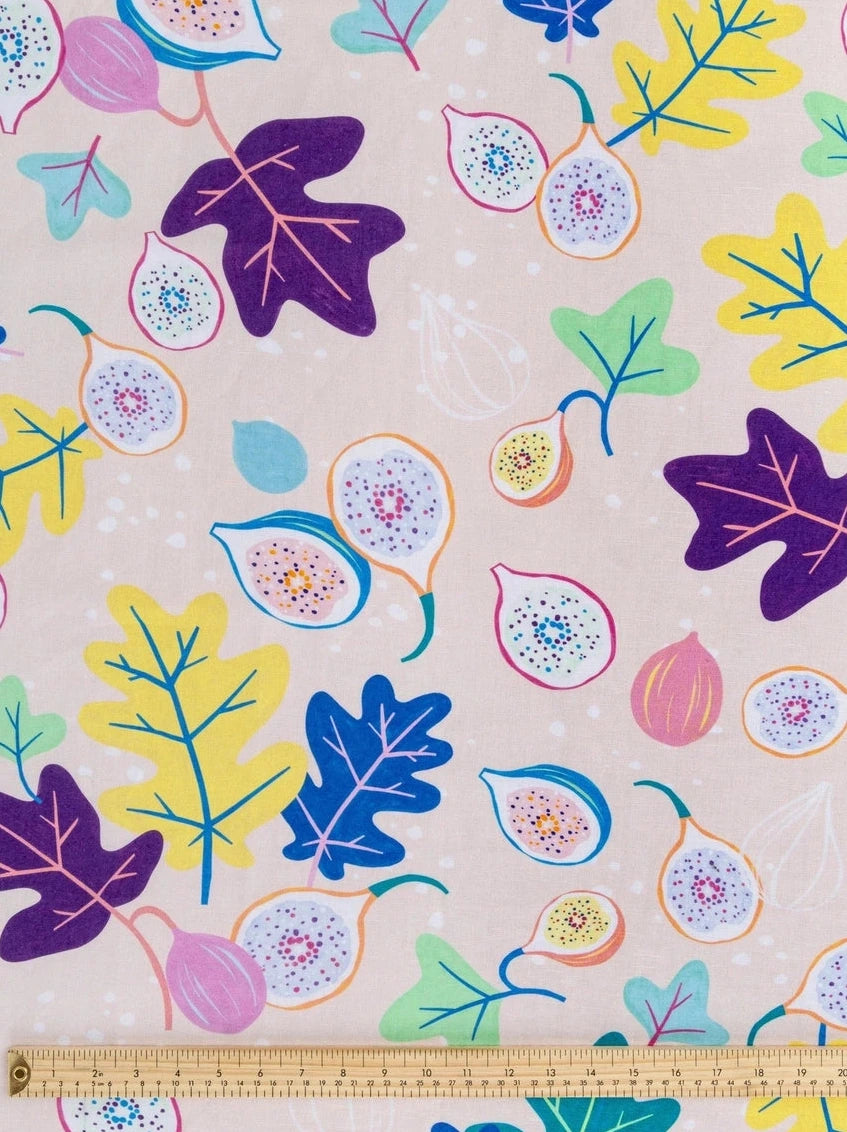Go Fig—ure Print Organic Cotton Linen – Cream, Periwinkle, Light Green & Eggplant (Per ½ Meter)