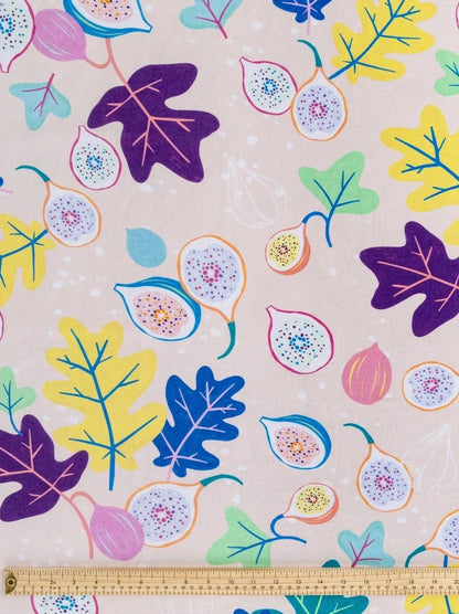 Go Fig—ure Print Organic Cotton Linen – Cream, Periwinkle, Light Green & Eggplant (Per ½ Meter)