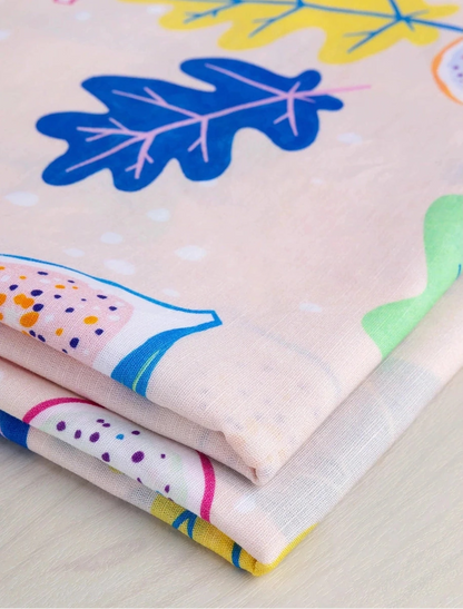 Go Fig—ure Print Organic Cotton Linen – Cream, Periwinkle, Light Green & Eggplant (Per ½ Meter)