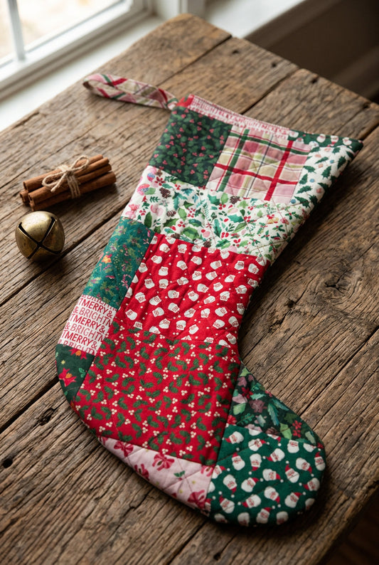 A handmade Christmas stocking made from a patchwork of various fabric prints, including red and green floral, plaid, and white snowflakes, resting on a white gridded cutting mat.