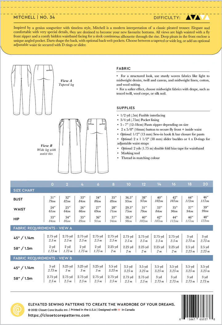 Mitchell Trousers - Size 0-20 - Closet Core Patterns