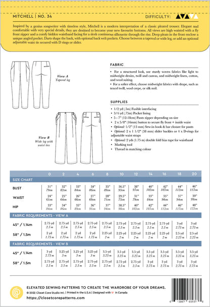 Mitchell Trousers - Size 0-20 - Closet Core Patterns