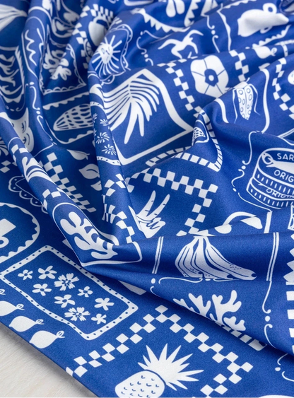 Picnic Tile Print Recycled Swim Knit - Royal Blue & White (Per ½ Meter)