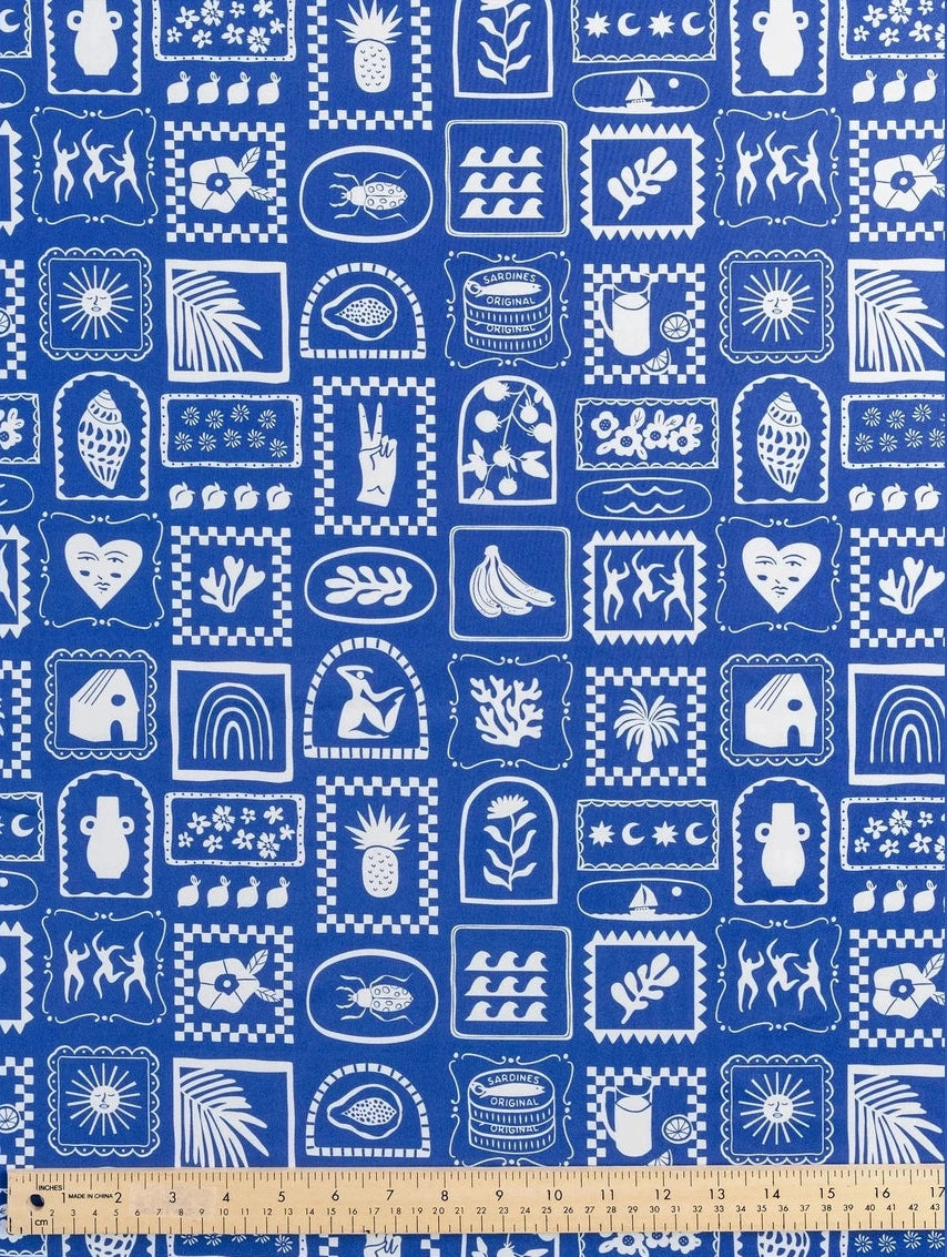 Picnic Tile Print Recycled Swim Knit - Royal Blue & White (Per ½ Meter)