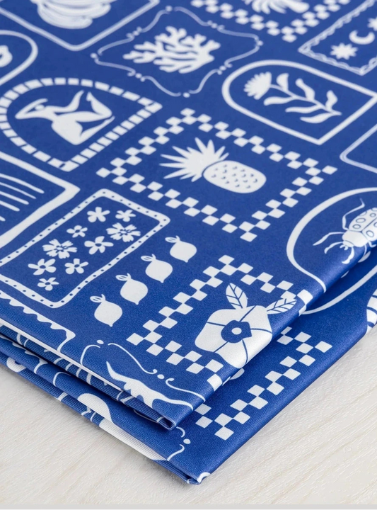 Picnic Tile Print Recycled Swim Knit - Royal Blue & White (Per ½ Meter)