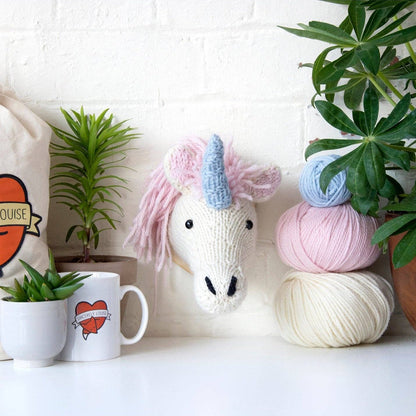 Mini Unicorn Head Knitting Kit (Pink Hair with Blue Horn) by Sincerely Louise
